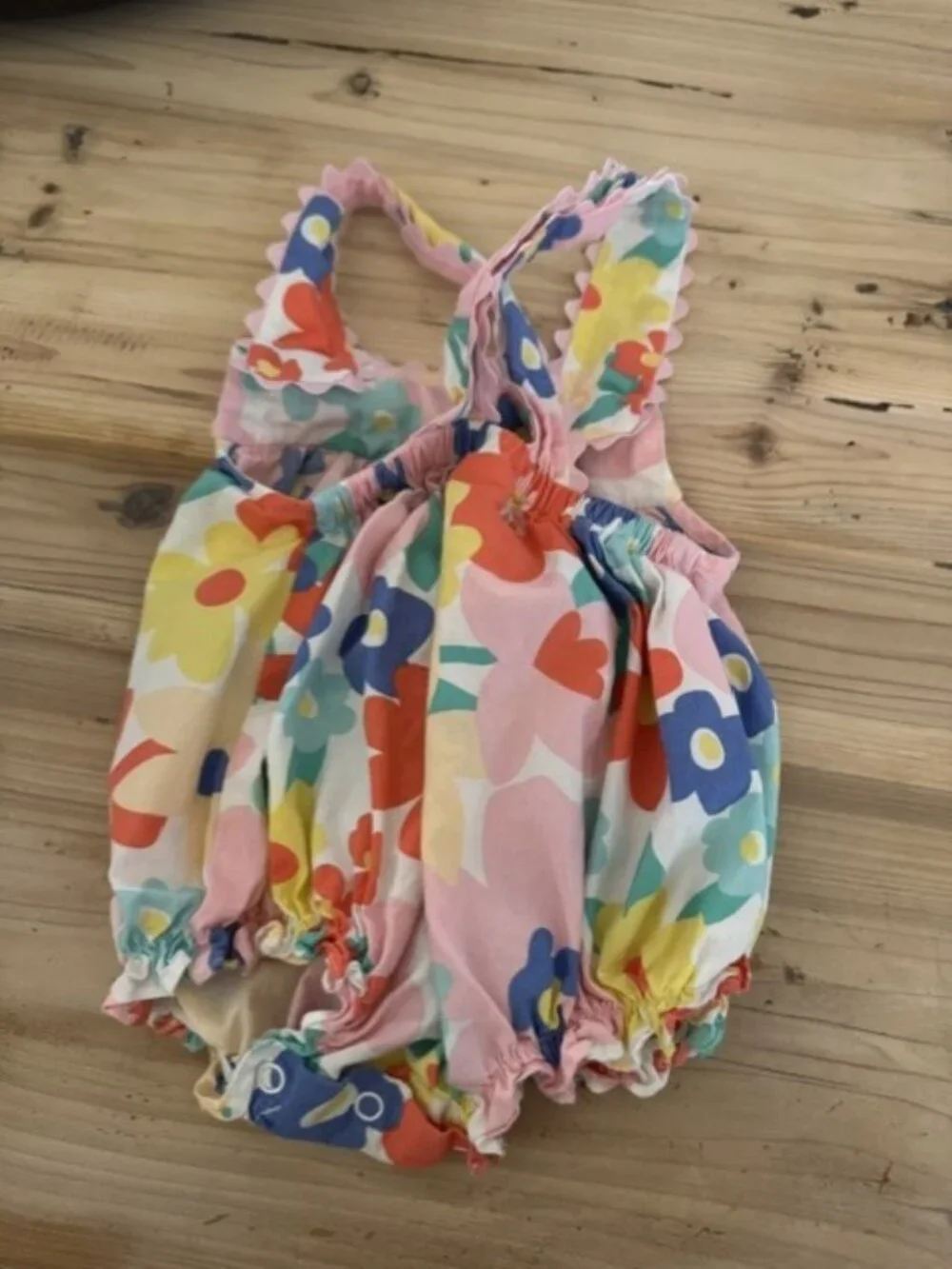 Shrimp and Grits colorful bubble romper. Size 9 mos